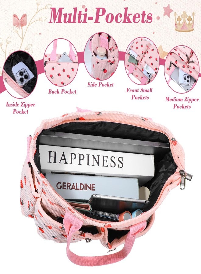 AojSup Pink Strawberry Tote Bag for Women Girls, Corduroy Everyday Tote Bag with Multi Pocket Cute Travel Shoulder Purse Handbag Crossbody Work Bags - Image 4